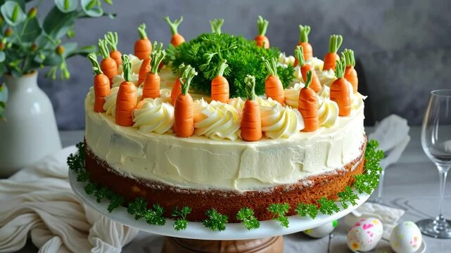 Easter cake with cream and mini marzipan carrots