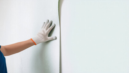 close-up of a hand in a glove installing textured wallpaper