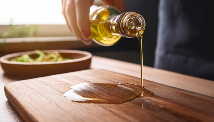 Obraz premium pouring golden oil onto wooden board