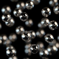 Reflective silver spheres suspended in air against a black background