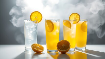 Set of different lemonade drinks made with soda water on white background