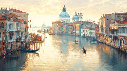 Fototapeta premium Venice, Italy at Sunrise – Romantic Watercolor Scene of Grand Canal and Historic Architecture