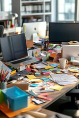 Fototapeta premium Chaotic open-plan office with stressed employees, messy corporate workspace, people working at cluttered desks, business casual workers searching through paper piles