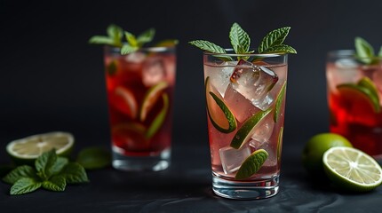 Fototapeta premium Close-up view of mojito cocktail in glasses, mint and limes on black, cocktail drinks concept