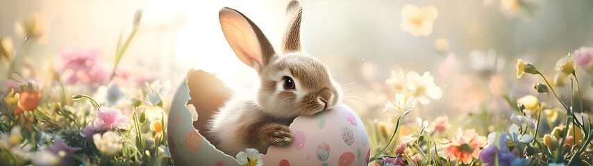 Fototapeta premium Cute Easter bunny hatching from egg