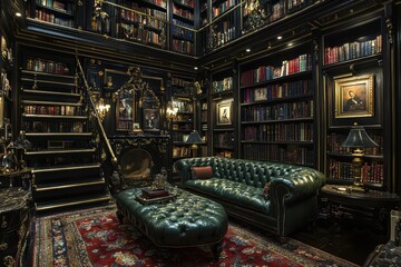 Naklejka premium Victorian-inspired study with dark oak bookshelves elegant home library cozy atmosphere interior design high fidelity
