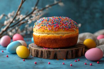 Easter cake with colorful sprinkles resting on wooden stand, surrounded by pastel colored eggs
