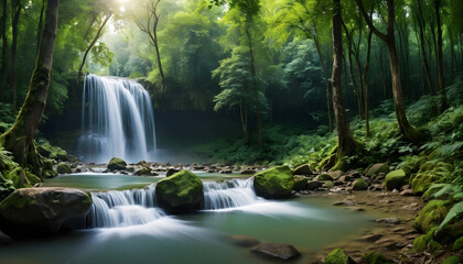Obraz premium A stunning panoramic view of a deep forest waterfall, where crystal-clear water flows over mossy rocks, surrounded by lush greenery and the soothing sounds of untouched nature
