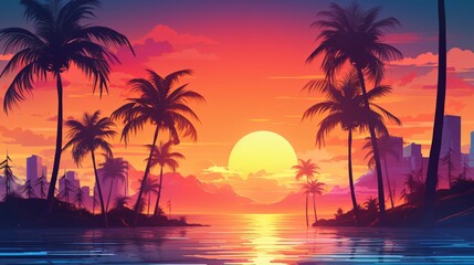 Vibrant Cityscape Sunset in Neon Colors