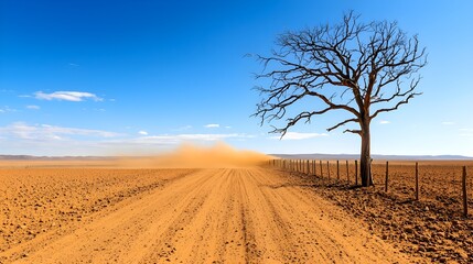 Naklejka premium A dusty road leads through a barren landscape, featuring a solitary tree against a clear blue sky, conveying a sense of isolation and desolation.