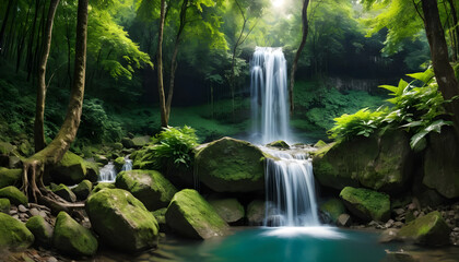 A stunning panoramic view of a deep forest waterfall, where crystal-clear water flows over mossy rocks, surrounded by lush greenery and the soothing sounds of untouched nature