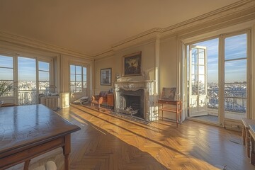 Elegant vintage parisian apartment with herringbone floors city view interior design cozy atmosphere warm light timeless charm