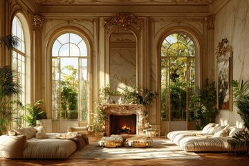 Elegant vintage parisian apartment with herringbone wood floors cozy interior lush greenery sunlit ambiance