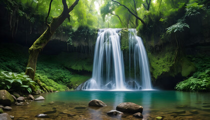 Naklejka premium A stunning panoramic view of a deep forest waterfall, where crystal-clear water flows over mossy rocks, surrounded by lush greenery and the soothing sounds of untouched nature