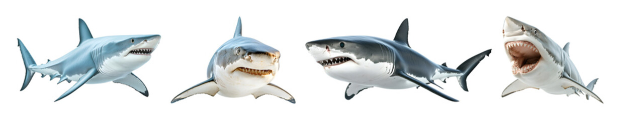 Close-up of great white open shark with jaws, showing sharp teeth.