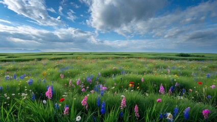 Obraz premium A lush green field filled with vibrant flowers