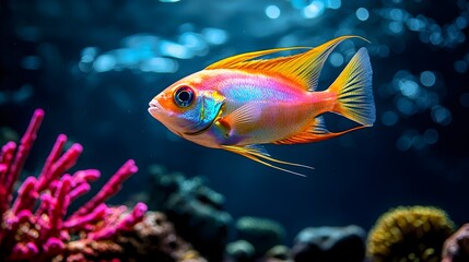 Fototapeta premium A vibrant, colorful fish swimming among coral in a clear underwater scene, showcasing marine life and biodiversity.