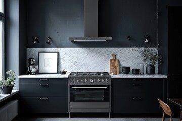 Sleek monochrome kitchen design urban home interior decor modern environment wide angle stylish living