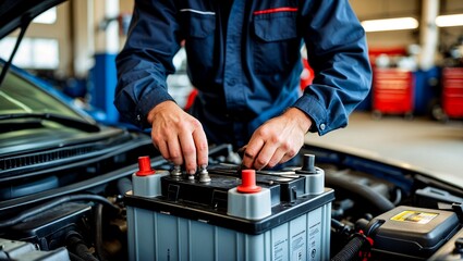 A mechanic skillfully repairs an electric battery