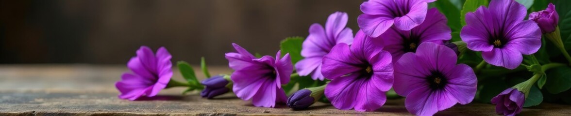 Obraz premium A lush bouquet of purple petunias with dark veins placed artfully on a rustic wooden table, arrangement, dark veins, garden decor