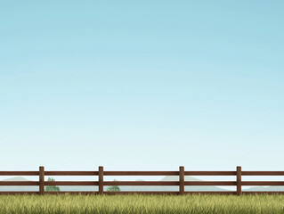 traditional wooden fence surrounds serene landscape with green grass and distant mountains under clear blue sky, evoking sense of tranquility and rural charm