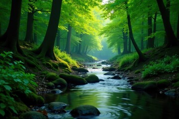 Obraz premium A peaceful forest with a gentle stream flowing through it, rivers and streams, leafy surroundings
