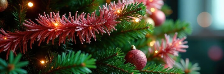 A pink and green garland wraps around a shining evergreen tree, Festive Tree Wraps, Pink Green Garland, Christmas Colors