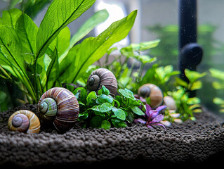 tranquil aquarium scene featuring various snails among lush green plants, creating serene underwater environment. vibrant colors and textures enhance peaceful atmosphere