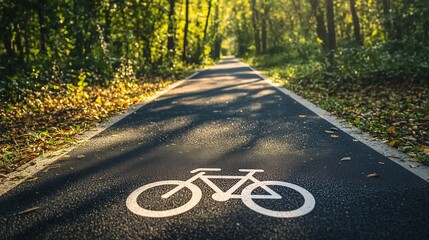 Obraz premium A peaceful bike path winds through a lush, sunlit forest, inviting tranquility and adventure.
