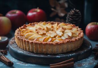 Deliciously Baked Apple Tart Surrounded by Fresh Apples, Cinnamon Sticks, and Natural Decor on a Rustic Wooden Table