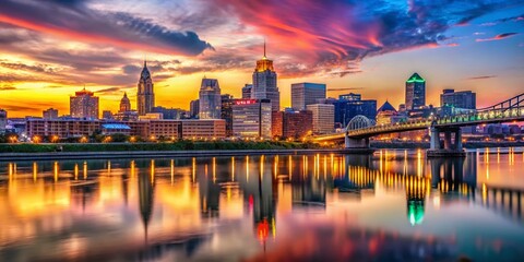 Fototapeta premium Cincinnati Ohio Skyline After Sunset - Vibrant Cityscape at Dusk