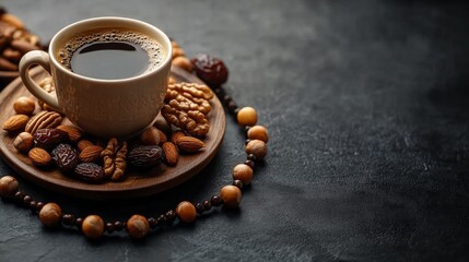 A beautifully arranged platter showcases traditional Muslim iftar delicacies, with a steaming cup of coffee surrounded by a variety of nuts, creating an inviting atmosphere for breaking fast