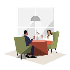 Couple Dining In A Restaurant In Flat Vector Illustration Symbolizing Romantic Dinner, Fine Dining, And Date Night, Isolated On White Background