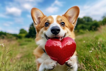 Cute pembroke welsh corgi dog with sparkling rhinestones red heart on a walk in a spring green space. Pembroke welsh corgi - my desired dog, symbol of friendship. Digital ads domestic animal imag.