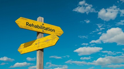 Yellow signpost with 'rehabilitation' against a blue sky, symbolizing guidance and direction.