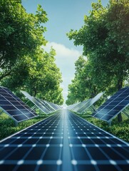 Solar panels and trees natural scenery,green energy concept