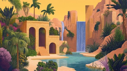 Fototapeta premium Oasis waterfall desert sanctuary calm landscape