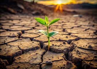 Climate Change Food Crisis: Green Sprout Breaking Through Cracked Earth - Long Exposure Stock Photo