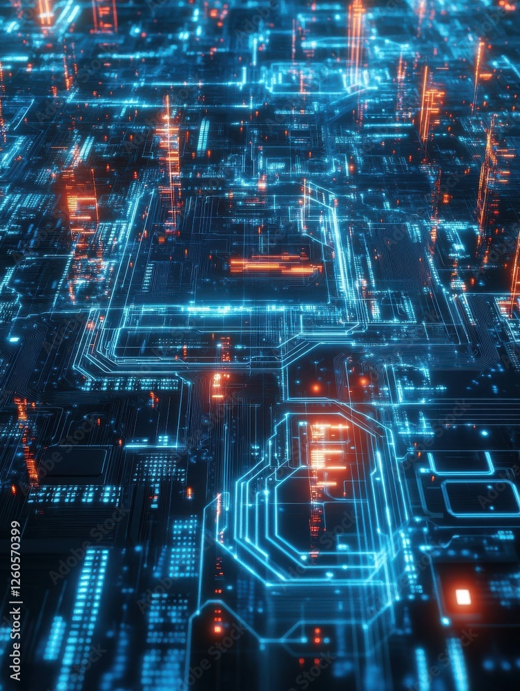 Poster futuristic circuit board pattern with glowing blue lines and nodes, creating high tech visual effect