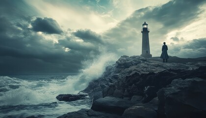 Fototapeta premium Woman gazing at lighthouse under an ominous cloudy sky