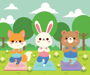 Naklejka premium Yoga Animals do yogaRabbit Fox Bear Exercises in nature Vector illustration