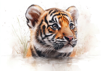 Obraz premium a tiger cub in the water. Its fur is slightly damp but still fluffy, and its eyes reflect curiosity and tenderness. 