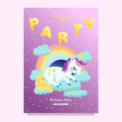 Cute Hand drawn sleeping unicorn scene card template for birthday party with rainbow clouds and night