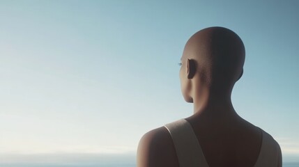 Contemplative Moment: A Bald Woman Gazing at the Horizon with Serenity