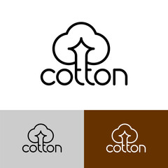 Cotton word line style text logo. Letters Cotton under the stylized outline bud boll of cotton. Editable stroke.