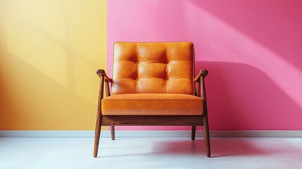 Cozy orange leather chair against vibrant yellow and pink walls in a stylish interior