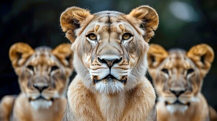 Obraz premium Magnificent Lionesses: A Close-Up Portrait of Three Majestic Queens in their Natural Habitat