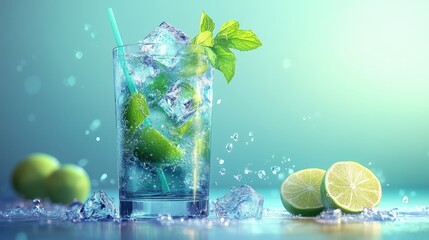 Refreshing Iced Lime Drink with Mint and Ice Cubes in a Glass on a Vibrant Background with Fresh Limes