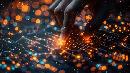 A hand interacting with glowing digital icons representing people, symbolizing team management, networking, or human resource connection.