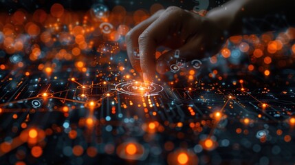 A hand interacting with glowing digital icons representing people, symbolizing team management, networking, or human resource connection.